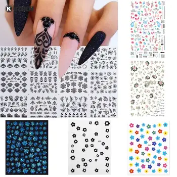 1 Лист 3D Стикери За нокти Черни, Бели Цветя, Листа Геометрия Самозалепващи Стикери За Нокти Дизайн Фолио