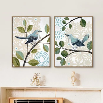 Ретро Синята Птица Плакат с Животни и Принтом Абстрактен Цвете Зелени Листа Платно Картина Сънливи Стенни Художествена Картина на Декора в Хола