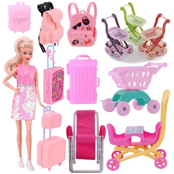 Barbiees Кукла Аксесоари Количка За Съхранение Кутия За Покупки Открит Пътуване За Съхранение На Дрехи Обувки Играчки Шезлонг Количка Обиколка Кола