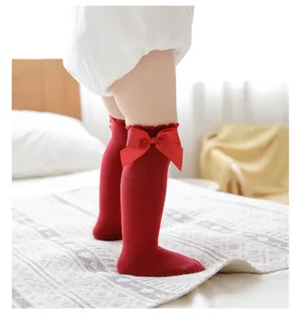 LZH/2021, Есенни и Зимни Детски Чорапи За Момичета с Голям Лък, До Коляното, Меки Памучни Дантелени Чорапи За Деца, Коледни Червени Чорапи Calcetines