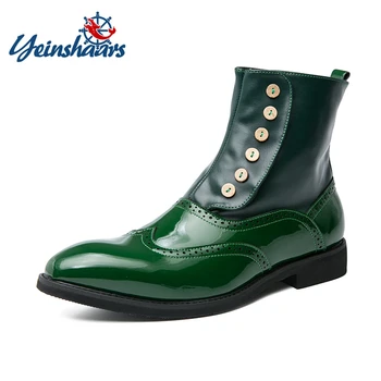 YEINSHAARS/Зелени Мъжки обувки; мъжки обувки Челси с Високо Берцем; Италиански мъжки обувки от Изкуствена Кожа Копчета; Дизайнерски обувки с Перфорации тип 