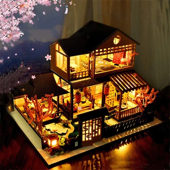 Направи си САМ Японски Миниатюрни Комплекти Дървени Куклена Къща Casa С Мебели от Череша Цветя Вила Куклена Къща Играчки за Момичета Подаръци За Рожден Ден