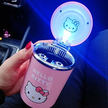Колата Hello Kitty автомобили светещ мультяшная богат на функции пепелник с led синьо осветление с капак креативна жена благородна пепелник