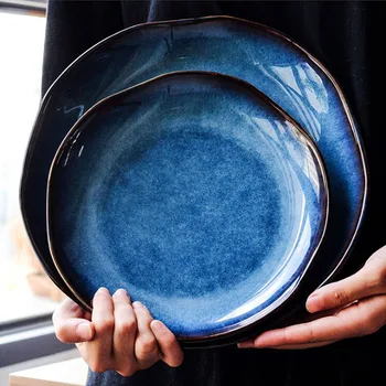 Ретро японската тъмно синя керамична чиния храна десертно блюдо нерегулярная домакински плоска чиния чиния