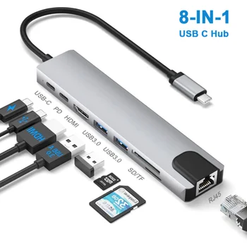 USB C Hub Адаптер с 1000 М RJ-45 Ethernet VGA 4 КЪМ HDMI Двоен Монитор PD 3,0 Четец Зарядни Карти Аудио Микрофон за MacBook Pro/Air