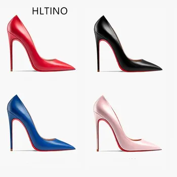 HLTINO/ Пикантни женски обувки с Червена Подметка, дамски Модни Обувки с Матово покритие На Висок Ток-висок ток, Есенно-пролетно Синьо-черни Обувки, Ежедневни Обувки-лодка