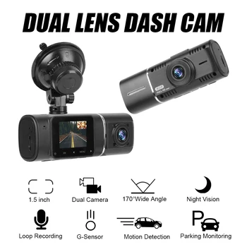 1,5-инчов Екран Автомобилен Видеорекордер с Вътрешна Камера за Задно виждане Dash Cam един dashcam Двухобъективный Монитор Заден Ход 1080P Дисплей, Видео