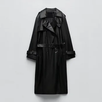 Есен нова мода дамски дрехи темпераментна универсален черен дълъг тренч от изкуствена кожа с колан