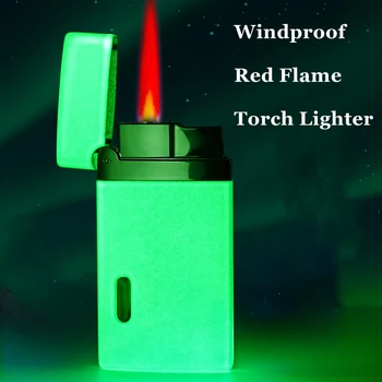Нова Ветрозащитная Светещ Червена Запалка С Пламък, Течност Метална Газова Цигара, Запалка За Пури, Аксесоари За Пушачи, Джаджи