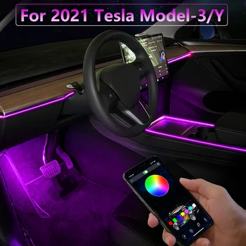 Неонова Светлина вътрешността на колата, Център за оптични влакна, екология, Управление на приложението, Музика, Активна Светодиодна Лента, Атмосфера За 2021 Tesla Model 3 Y