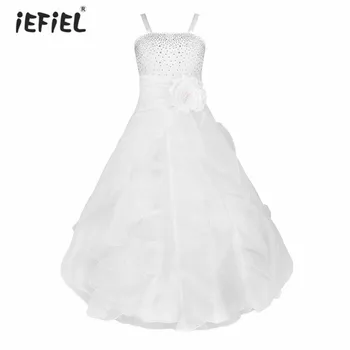 IEFiEL/ Бяло Елегантна рокля трапецовидна форма с цветя модел за момичета, Пищни Сватбена рокля, Тържествено Рокля без ръкави с цветен модел за момичета, Тюлевое рокля