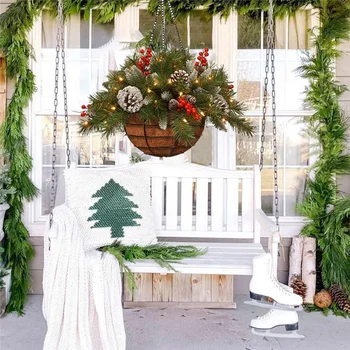 Изкуствена Коледна Подвесная Кошница, украсена с различни Декорации и бели led светлини, Висящи Украшения, Коледен Декор JAN88
