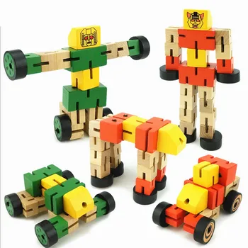 Детска Дървена Робот Трансформатор За Ръчно Сгъваеми Градивен Елемент Играчка За Деца Автобот Фигурка Модел На Развитие На Пъзел, Подарък Играчка