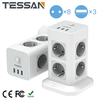 Захранване TESSAN с множество контакти с 8 розетки на променлив ток, 3 USB порта, изход-удължител на ЕС с превключвател за включване / изключване и кабел с дължина 2 метра