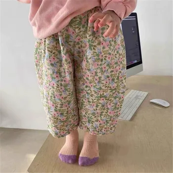 2021 Корейски есенни панталони с цветен модел за момичета Памучни панталони Harlan за момичета Корейски детски ежедневни панталони Harlan с цветен модел