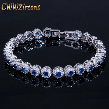 CWWZircons Ново Записване Бяло Злато Цвят Цвете Брънка от Веригата Royal Blue Crystal За Жени Гривна с Камъни Цирконий CB066