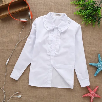 нова лятна пролет лейси памучен однотонная Бяла Блуза за момиченца, бели ризи с дълъг ръкав за момиченца