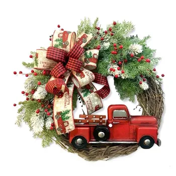 Изкуствен Коледен Венец Червен Камион От Ратан Коледни Венци Стенен Венец За Входната Врата, С Браншовите Бор Лента Цветен Декор