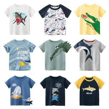 Нови Тениски, Детска Тениска, Бебешки Дрехи За Момчета и Момичета, Лятна Памучен Тениска с Къси Ръкави и Шарени Риби и Акули