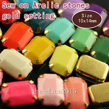 20pcs правоъгълник 10x14 мм Бонбони цветни акрилни sew камъни със златен нокът инсталиране на 4 дупки За Дрехи Рокля Занаяти